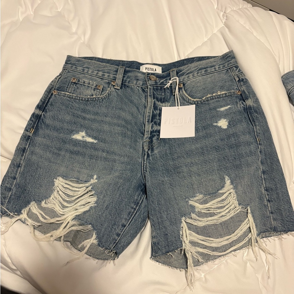 Pistola Blue Distressed Jean Shorts High-Waisted